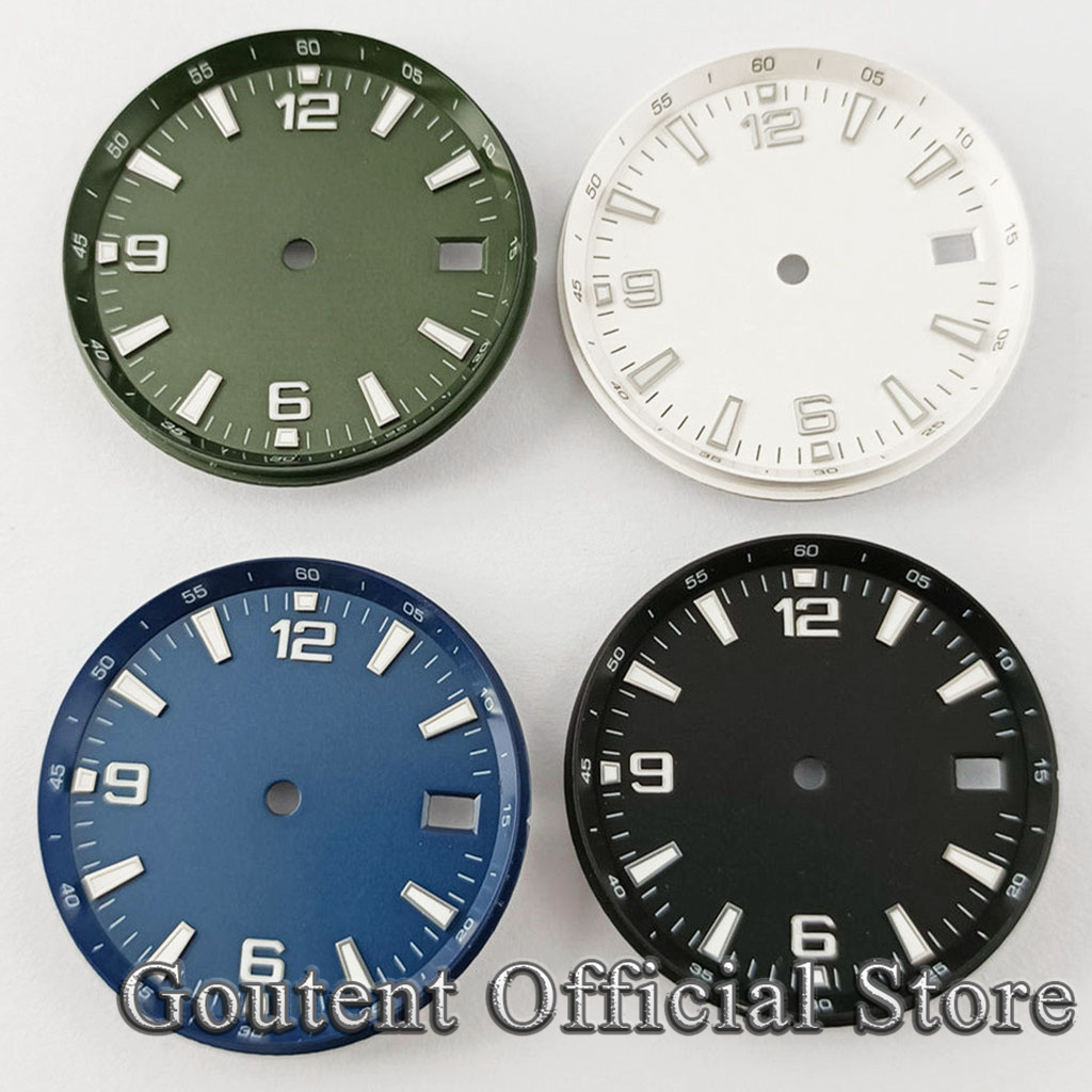 Gold 6138 - Goutent 31มม. หน้าปัดนาฬิกาปลอดเชื้อสีเขียวสีดำสีน้ำเงินหน้าปัดนาฬิกาเคลื่อนไหว NH35หน้าปัดนาฬิกาที่มีหน้าต่างวันที่